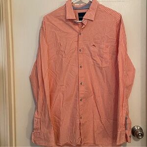 Tommy‎ Bahama Shirt Mens Large Orange Gingham Check Pima Cotton Button Down